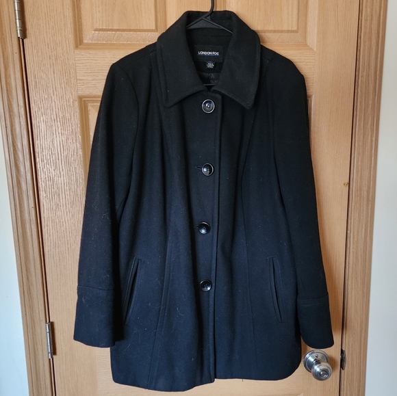 London Fog Black Wool Blend Peacoat, 1X - Picture 2 of 8